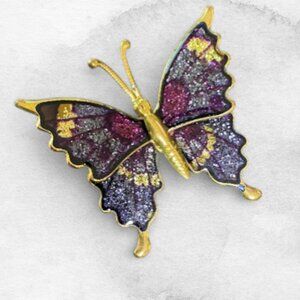 Vintage Blue Purple Butterfly Glitter Pin Brooch Boho Hippy 1970's